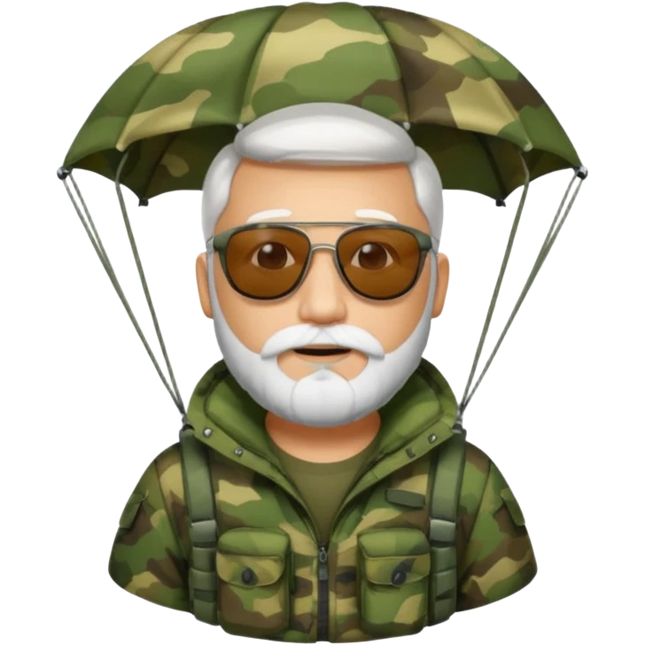 Man with a white beard and sunglasses wearing camouflage in a parachute emoji