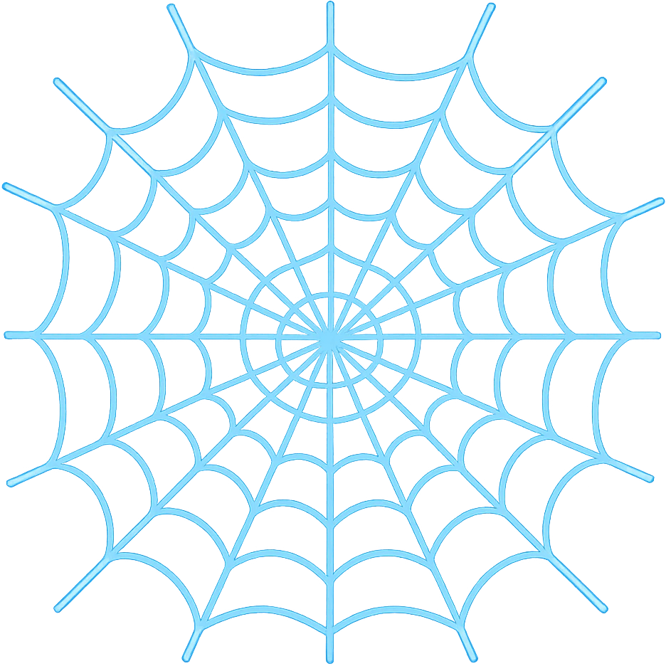 Render the spider web with all web strands looking like glowing blue lasers in the style of apple emojis. Transparent background. emoji