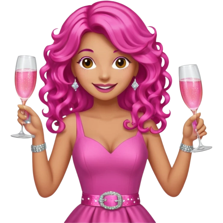 One lady with long hot pink curled hair and tan skin wearing a pink dress with sparkly belt holding a glass of pink champagne in each hand smiling cheerfully  emoji