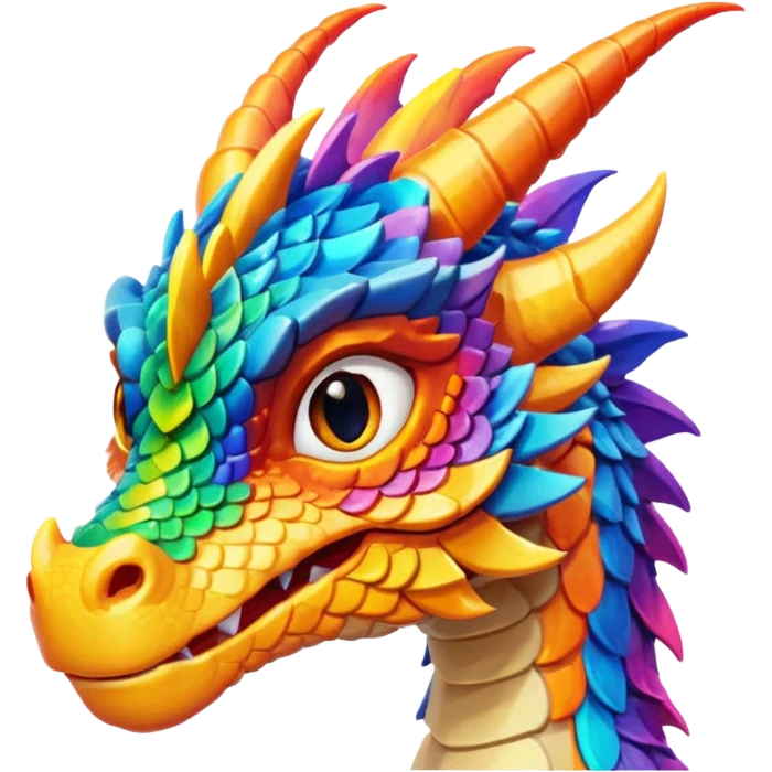 Glory the RainWing dragon's head with vibrant colorful scales and expressive eyes, inspired by Wings of Fire, colorful emoji-style illustration emoji