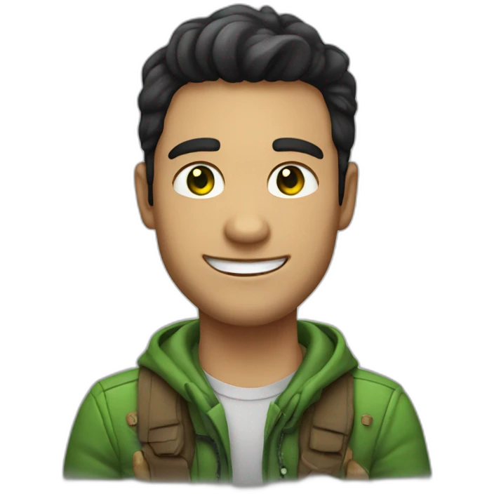 nice man with green eyes, dark hair, smiling with a dinosaur emoji