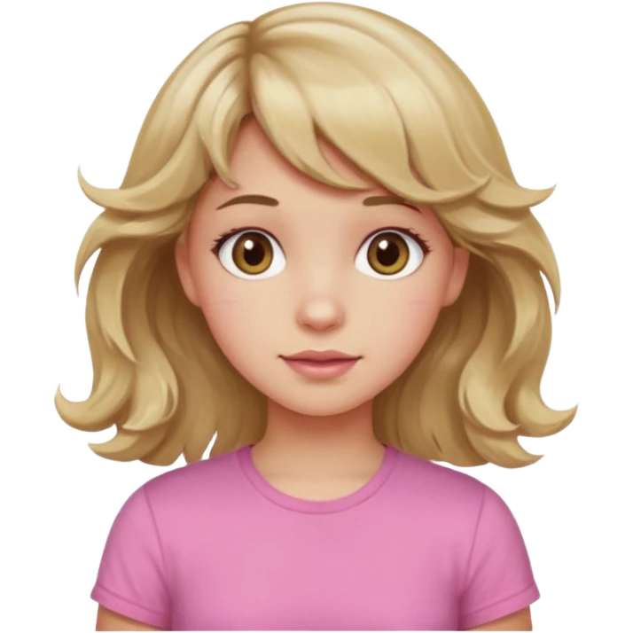 girl with wavy dirty blonde hair and wavy bangs, hazel eyes, white skin, pink cute shirt emoji