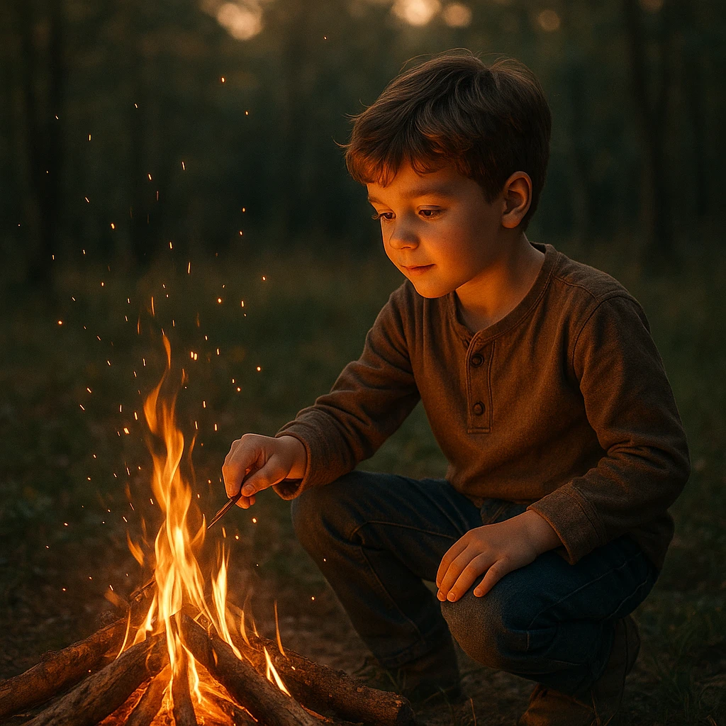 a boy playing with fire emoji
