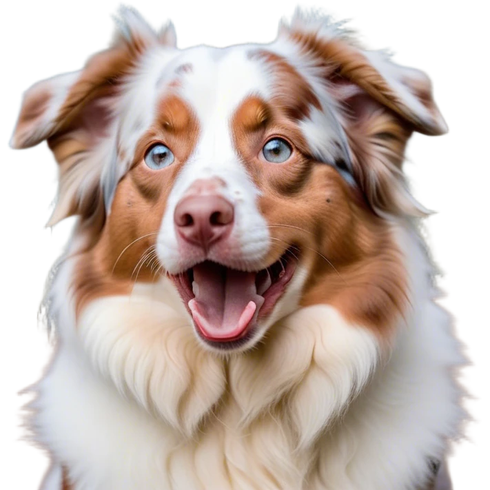 Cinematic Cute Yawning Predominantly White Red Merle Australian Shepherd Portrait Emoji, Head tilted slightly with a dramatic, wide-open yawn, predominantly white fur with hints of red merle, floppy ears slightly drooping, round blue eyes barely open in drowsy contentment, Simplified yet irresistibly adorable features, highly detailed, glowing with a soft, cozy glow, high shine, relaxed yet expressive, stylized with a touch of whimsy, bright and endearing, soft glowing outline, capturing the essence of a sleepy yet affectionate pup, so drowsy it feels like it could stretch right out of the screen and curl up for a nap! emoji