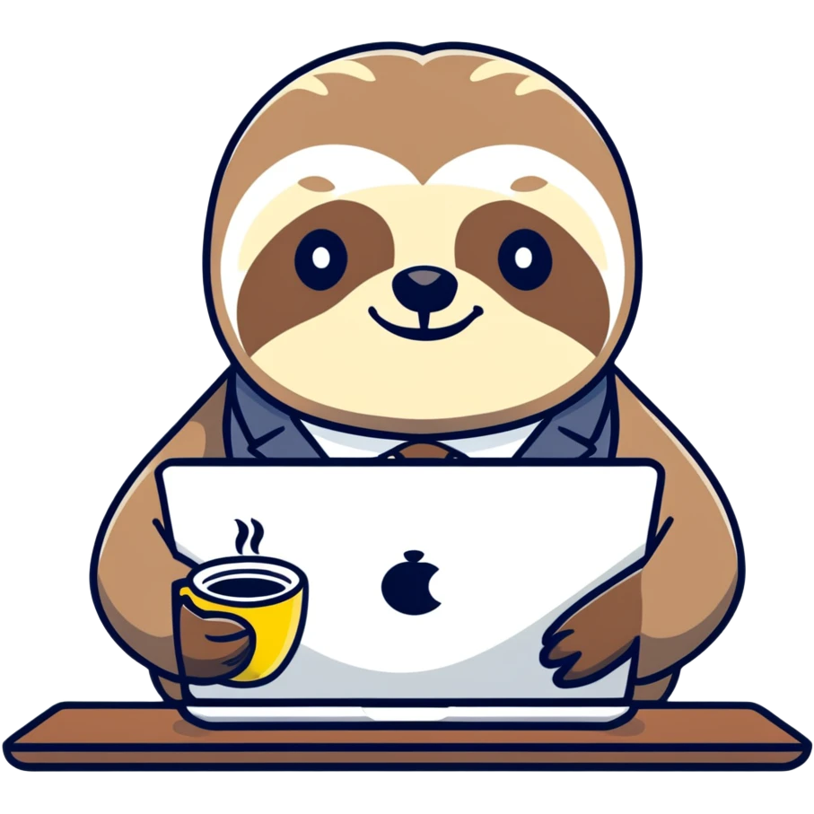 Elderly sloth boss in cartoon style, hand-drawn, muted warm tones. Office clothes, often with coffee or laptop. Ukrainian text, readable in dark mode. emoji