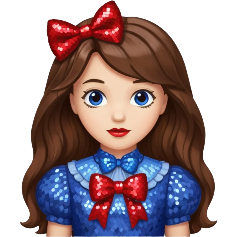 Dorothy Gale from the Wizard of Oz with long brown hair, periwinkle sequin outfit, red sequin bow emoji