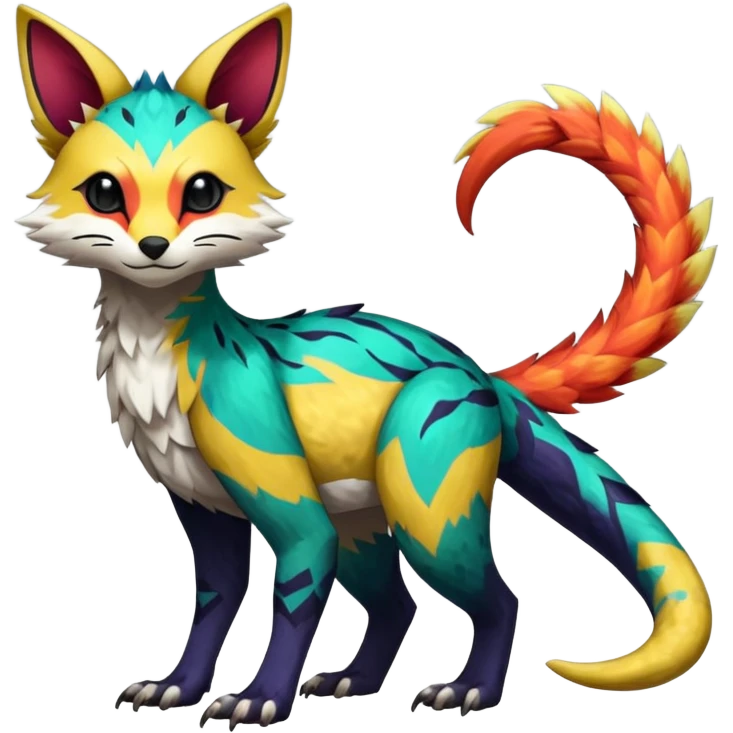 Rare realistic exotic edgy epic pretty beautiful handsome gorgeous aesthetic colorful vibrant Vernid-Trico-species-Fakemon-creature by LiLaiRa, 4 legs, 1 tail, random markings, (full body) emoji
