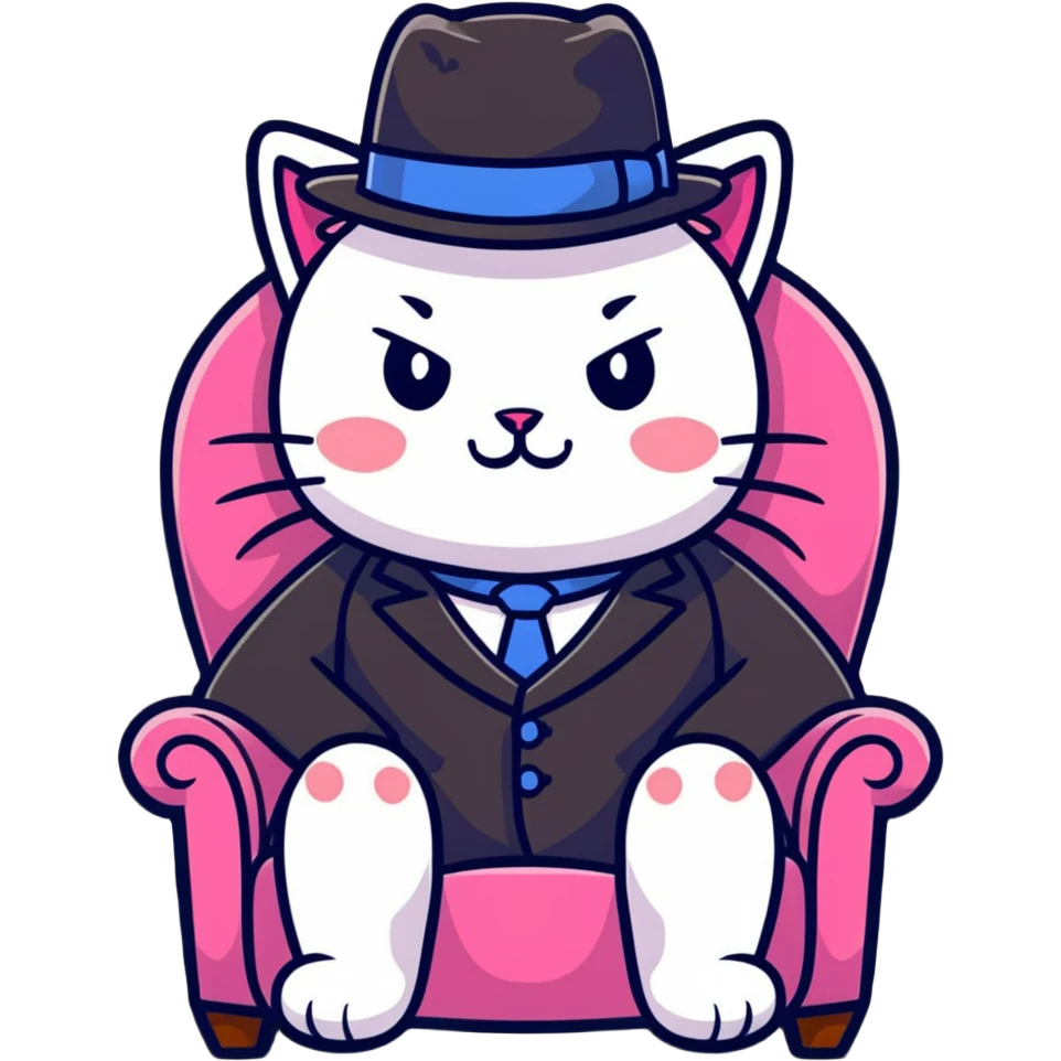 adorable pink cat mafia boss sitting on throne emoji