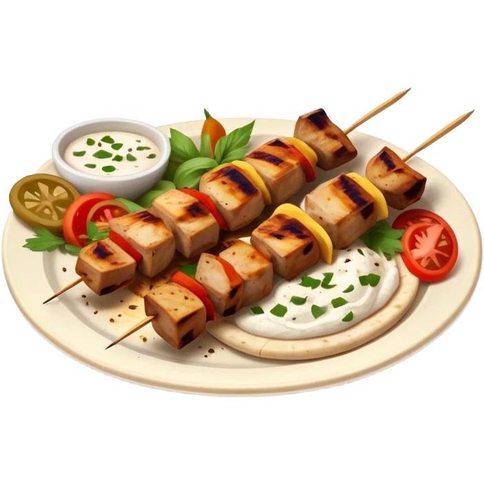 cinematic-realistic-souvlaki-dish-emoji,-showcasing-skewered,-grilled-chicken-with-mediterranean-spices-rendered-with-dynamic-textures-and-warm,-appetizing-lighting on pita bread on a plate emoji