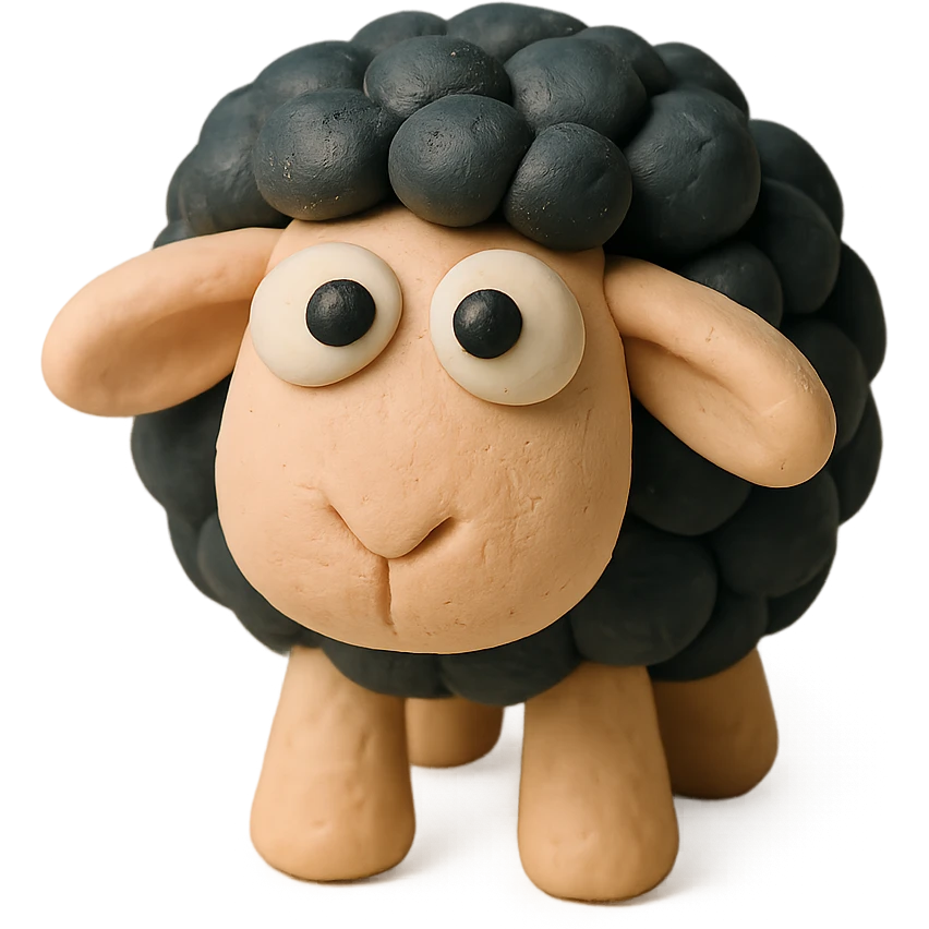 cute sheep with black wool and big eyes, soft pastel colors, hand-molded details, claymation style emoji