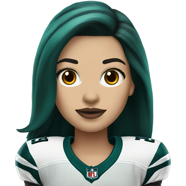 White female long dark hair red lips wearing Philadelphia Eagles jersey emoji