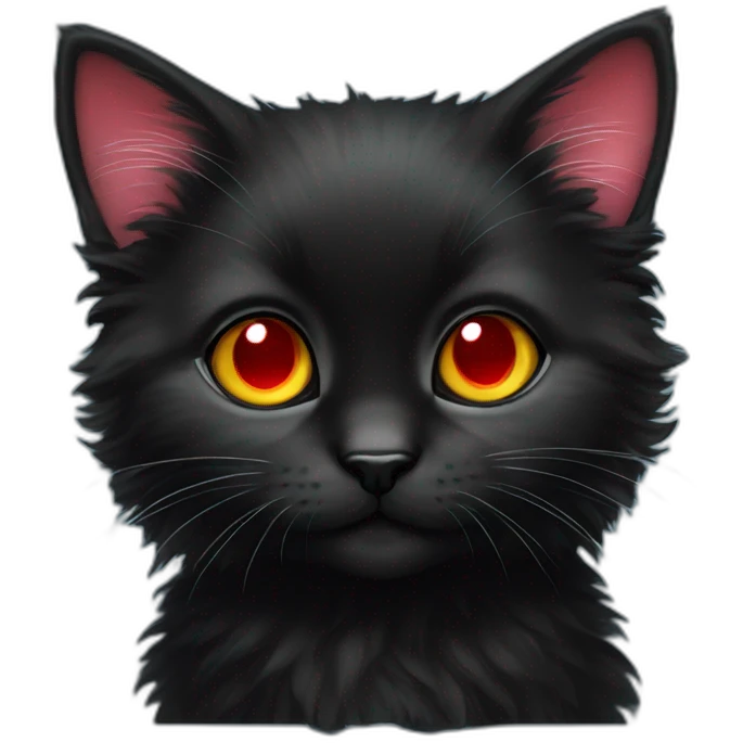A fluffy black kitten with piercing ruby red eyes emoji