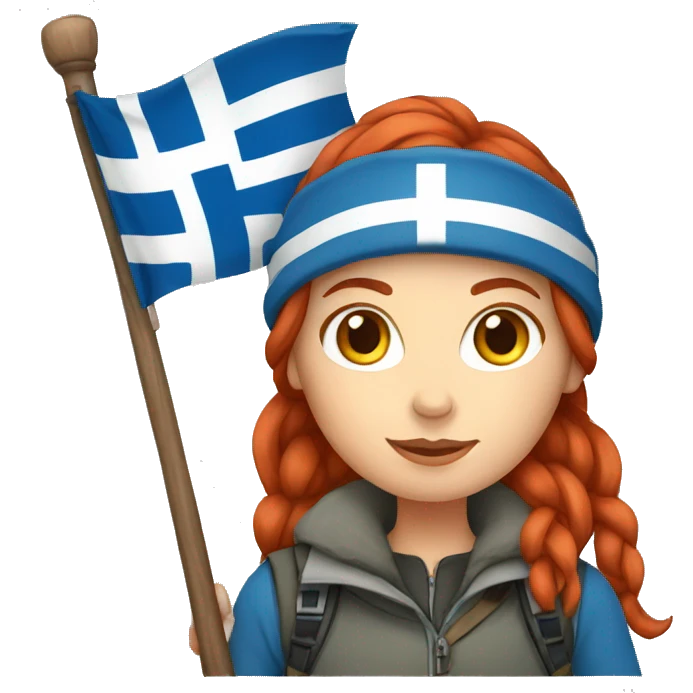 female winter mountaineer red hair holding greek flag emoji