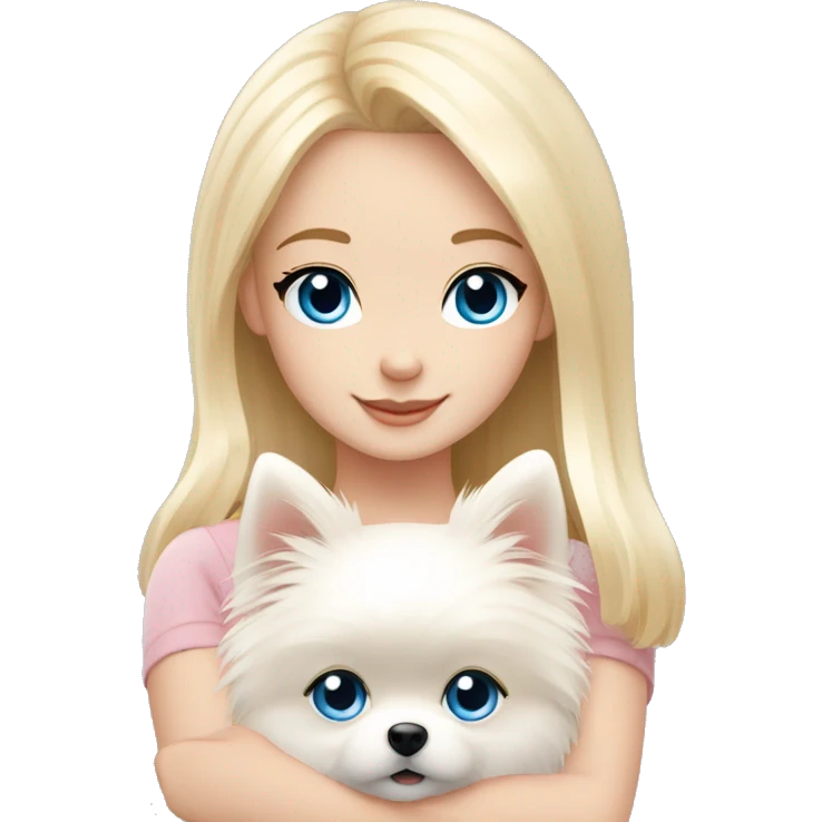 Blond girl white skin blue eyes hugging white Pomeranian with light pink bow emoji