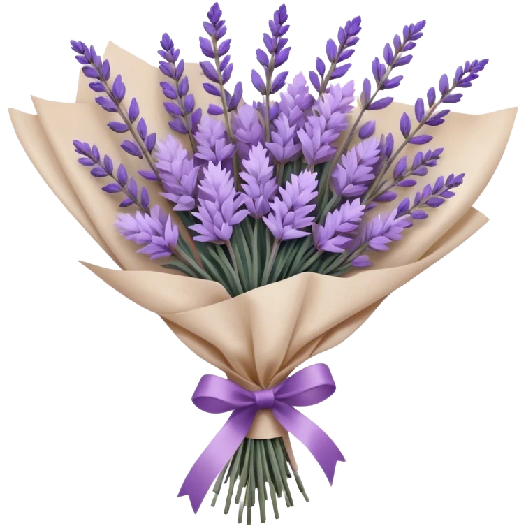 A delicate hand-tied lavender bouquet, featuring wisps of pale lilac and deep amethyst sprigs, is wrapped in parchment paper secured with a dusty plum ribbon. The gentle contrast of fresh and dried stems creates a soft, ethereal look, while the faint scent of lavender lingers like a nostalgic embrace from a bygone era.
 emoji