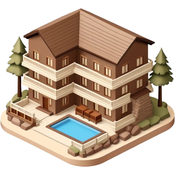 Isometric exterior brown and beige national parks hotel lodge, dollhouse style 3D realistic  emoji