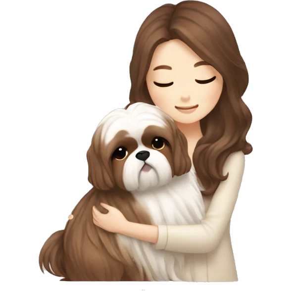 long brown wavy hair korean girl hugging cream and brown colored shih tzu emoji