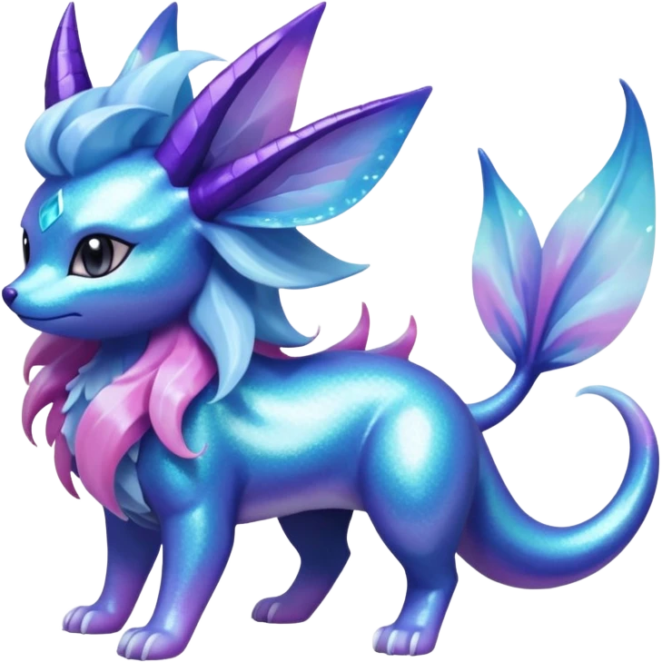Magical scaley blue-cyan-indigo-purple-violet-pink-gradients nebula shiny glittery Suicune-Vaporeon-Primarina-Amaura-Pokémon-Fakémon-fusion, full body emoji