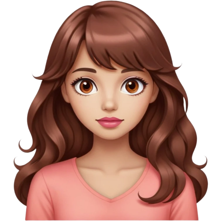 cute woman, light tan skin, big dark brown eyes, very long wavy auburn hair, bangs, pink top, coral lipstick emoji