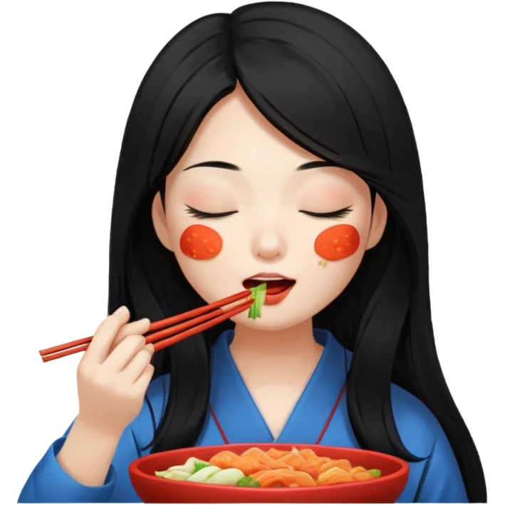 Girl with black long hair eat kimchi close eyes chopstick emoji
