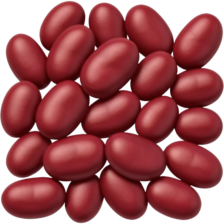 small cluster of kidney-shaped red beans in vibrant tones from brick red to deep burgundy, smooth, plump, slightly glossy, natural curves, clean, natural 3D rendering, soft lighting, subtle shadows, transparent background, emoji scale, optimized for clarity, shape, and rich tone at small size emoji