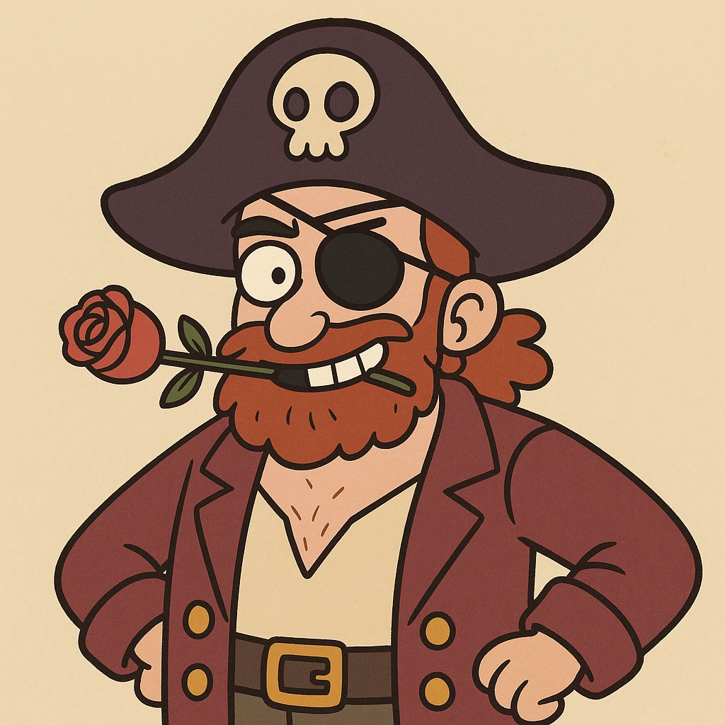 playful cartoon pirate with left eye patch and rose in mouth emoji