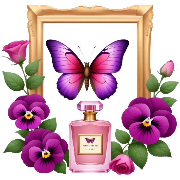 "With vibrant Tyrian Purple and Jasper Red wings, a butterfly flutters near an elegant Rosewater Pink perfume bottle. Misty Rose pansies surround the setting, adding a touch of gentle floral beauty." emoji