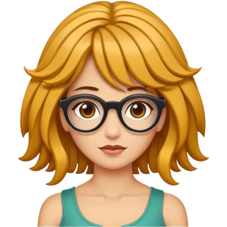 Uma garota de cabelos cacheados compridos e mechas loiras, com pele morena  e óculos emoji