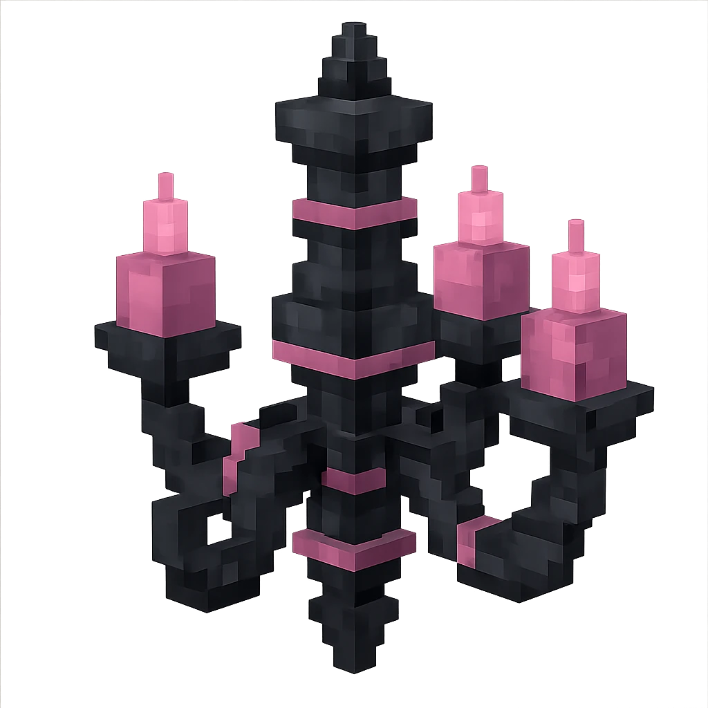 BLACKPINK-inspired gothic chandelier, low poly 3D style, black and pink, with layered candle arms, no hearts emoji