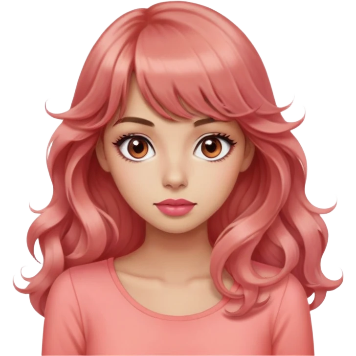 cute woman, popular girl, rolling eyes, light tan skin, black eyes, very long wavy auburn hair, bangs, pink top, coral lipstick emoji
