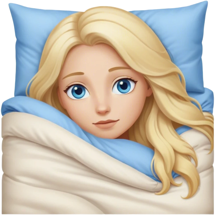 Cinematic realistic blonde with long hair, blue eyes and delicate features, lying in a cozy, soft bed, covered with a duvet emoji