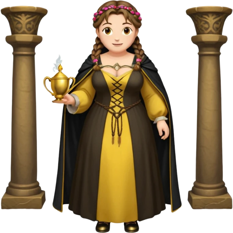 Helga Hufflepuff,brown-haired,2 braids,yellow-black medieval open dress,deep neckline,fat macromastia,black cloak decorated with gold braiding,gold cup with two handles,very kind smile,curvy busty sweet woman,round rosy cheeks,full length with medieval shoes emoji