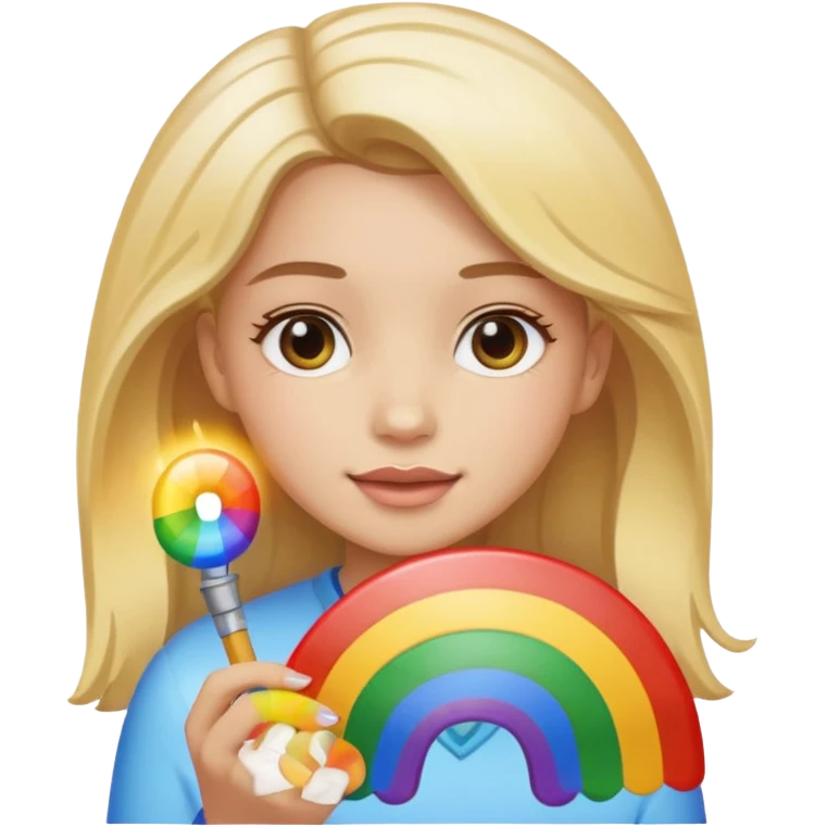 a girl with light skin tone holding a rainbow emoji