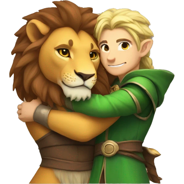 A lion and an elf mage hugging emoji