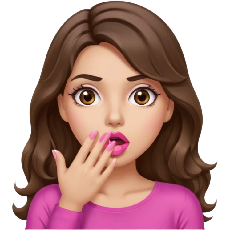 girl with long wavy brown hair, brown eyes, long lashes makeup, sexy pink lips, light to medium complexion, pink sexy top, shocked, hand covering mouth emoji