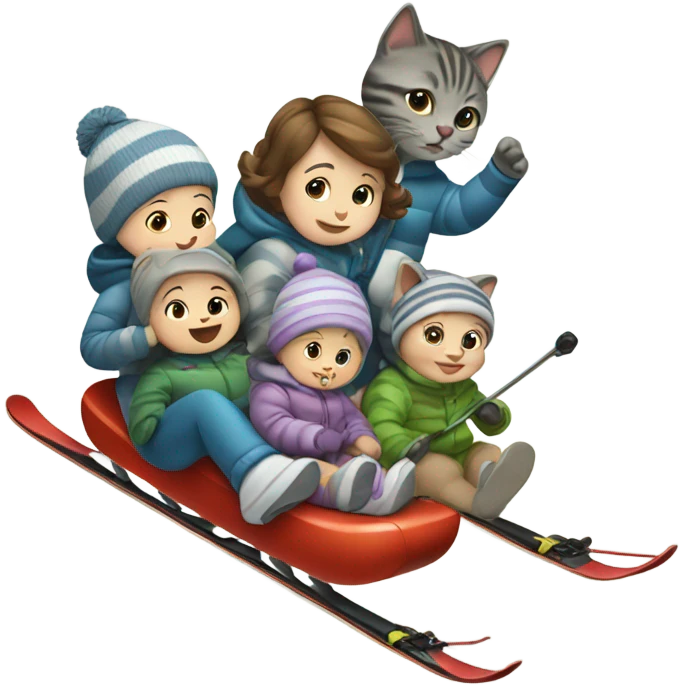 Baby skiing with its family of five, and their grey striped cat emoji