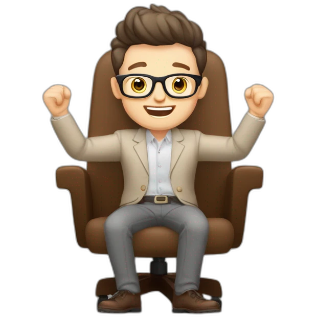 Joyful Celebrating victory Hands up Pale skinned Fit Man With dark brown hair in gray jacket, beige office shirt, Brown pants and vintage glasses sitting In a soft chair emoji