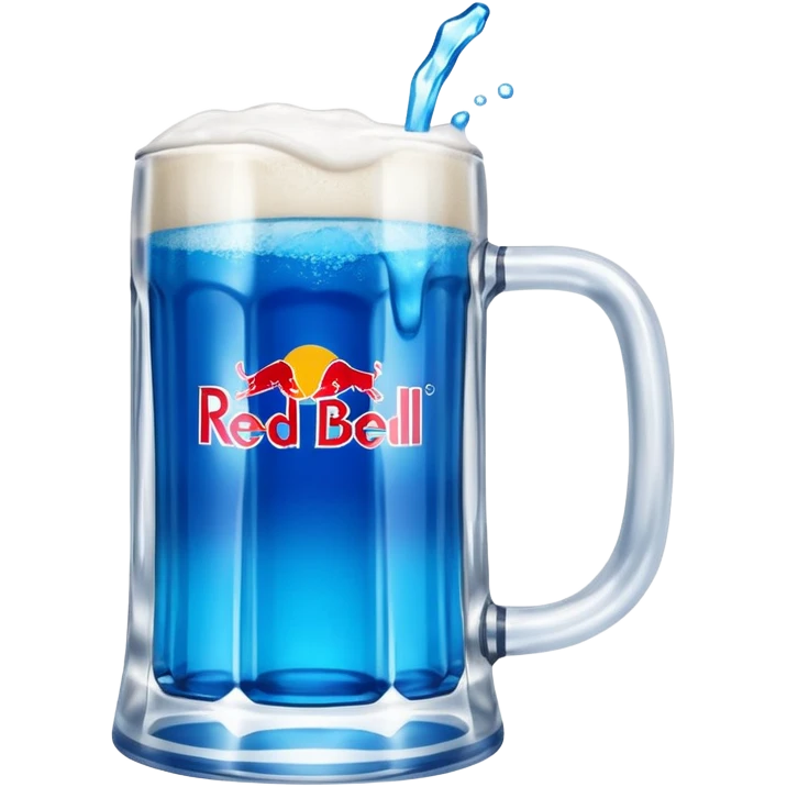 Large clear glass mug similar to beer stein with bright blue liquid inside. Put redbull drink logo on  mug. Add ridges to mug  emoji