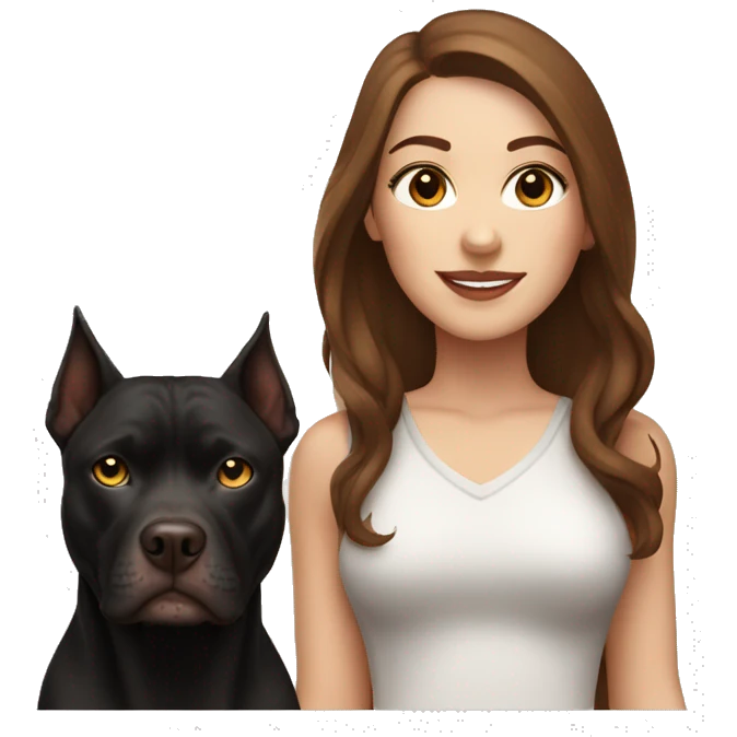 white woman with long brown hair and cat shaped eyes standing alongside a black pitbull  emoji