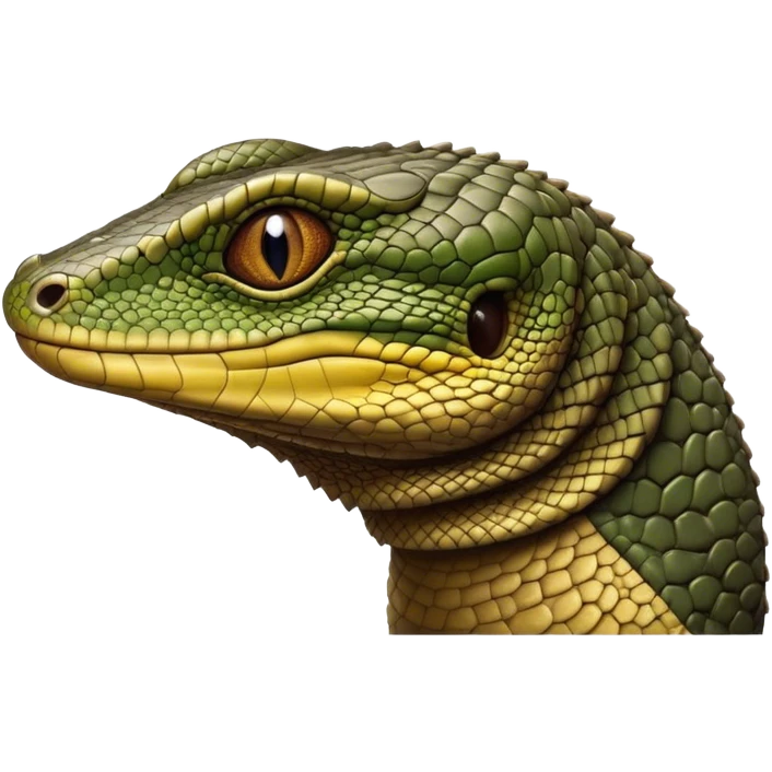 Cinematic Realistic Noble Monitor Lizard Portrait Emoji, Poised and imposing, with a robust, muscular build and a rugged, intricately scaled hide in natural olive and dark brown tones, a sharply defined head with intense, observant eyes, rendered with lifelike detail and authentic texture, high shine, intelligent and formidable, styled with an air of desert authority, focused and attentive, soft glowing outline, capturing the essence of a watchful and confident monitor lizard that appears ready to stride out of the screen with effortless power! emoji