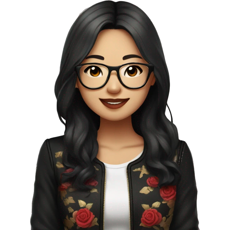 Asian girl, smiling with teeth, fair skin, black long hair, black eyes, black glasses with gold frames, red lipstick, wearing a white lace tank top and a black office jacket on top, with pink and red roses around her, chibi. emoji