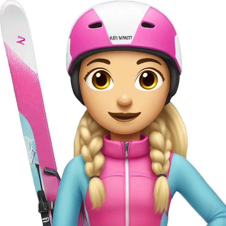 Dark Skier girl with long hair in pony tail, black eyes and pink gear show skis and legs  emoji