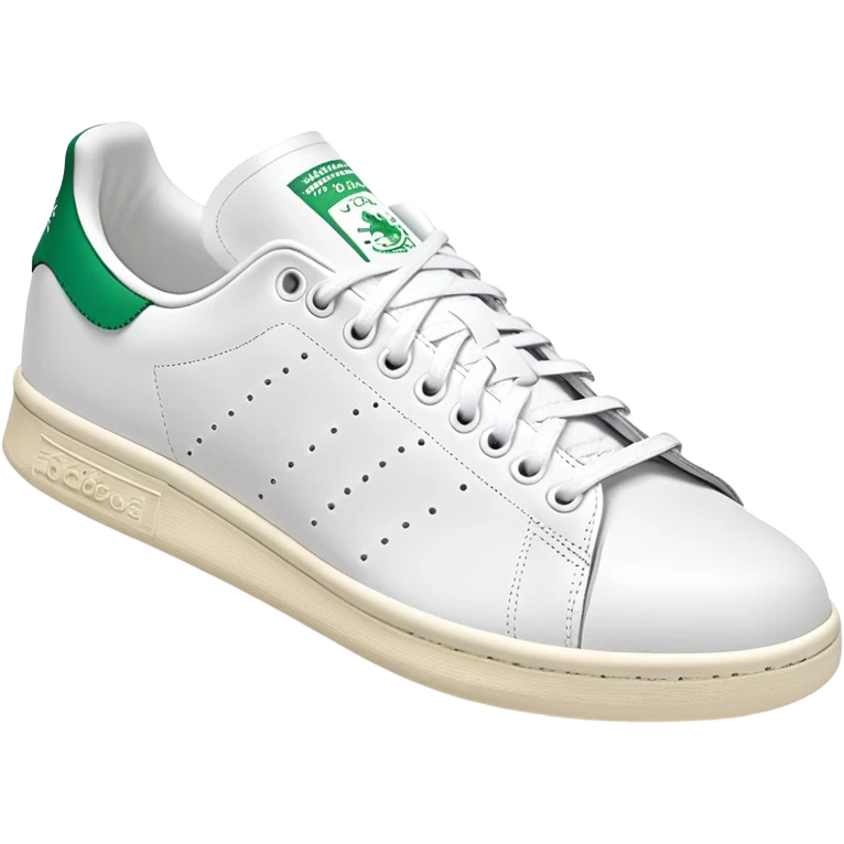 Classic white Adidas Stan Smith sneaker with green heel tab, white leather body, side view, perforated three stripes, iOS emoji style emoji