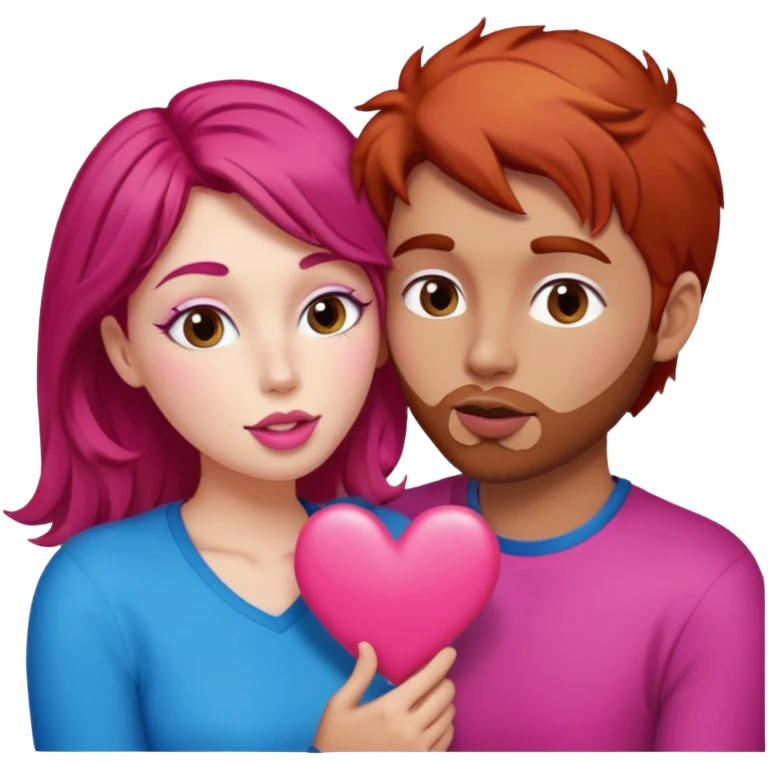 mujer pelirroja y hombre con pelo café haciendo cara de beso pero con un corazón entremedio emoji