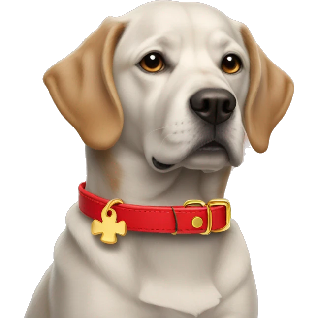 Red dog collar with a golden bone-shaped tag emoji