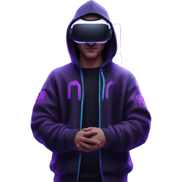 Russian man wearing a black hoodie with "OMG" letters on it and VR headset in a cyberpunk VR environment with violet neon lighting. emoji