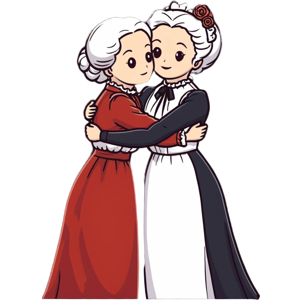 Two modest Victorian women hugging, one with white hair and one with copper red hair, wearing long Victorian dresses emoji