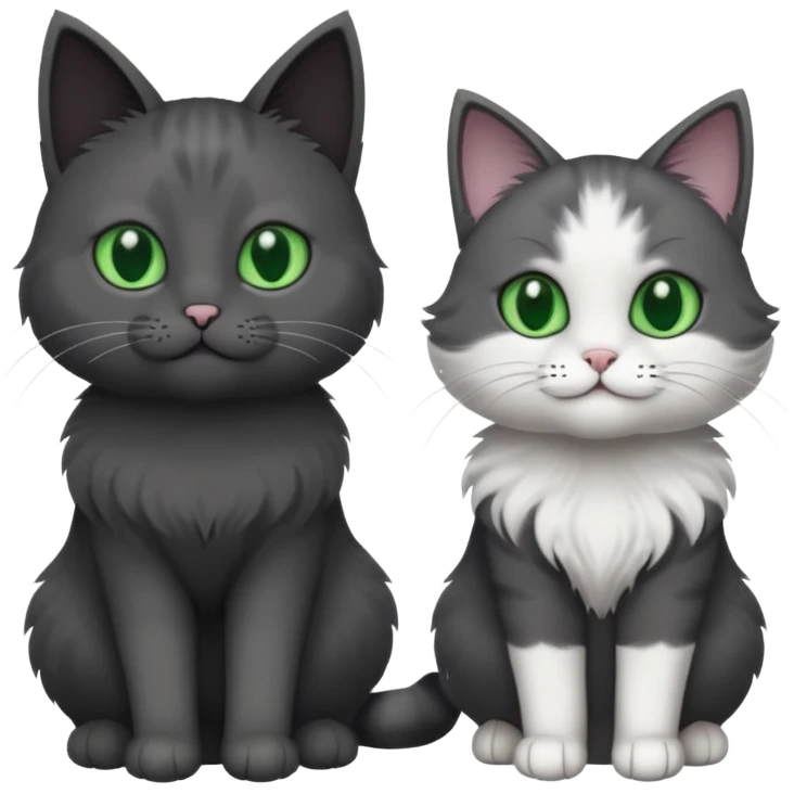 one dark grey and white cat and one completely solid dark grey cat with green eyes and only white paws emoji