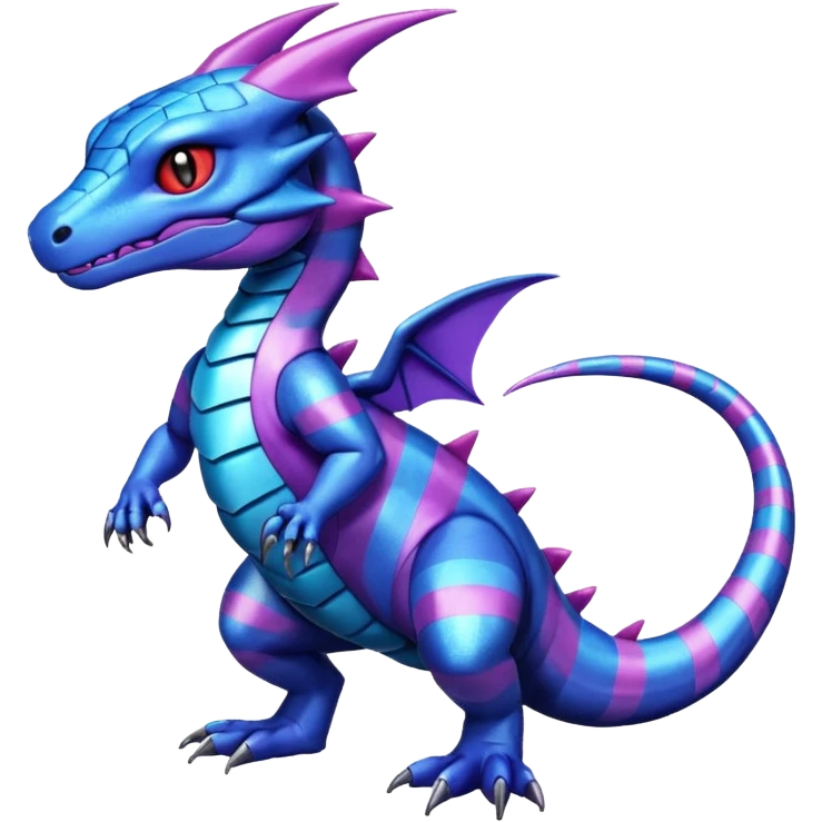 Cute Shiny striped iridescent cyan indigo blue violet Guilmon-Salandit-Fakémon-hybrid-creature (full body)  emoji