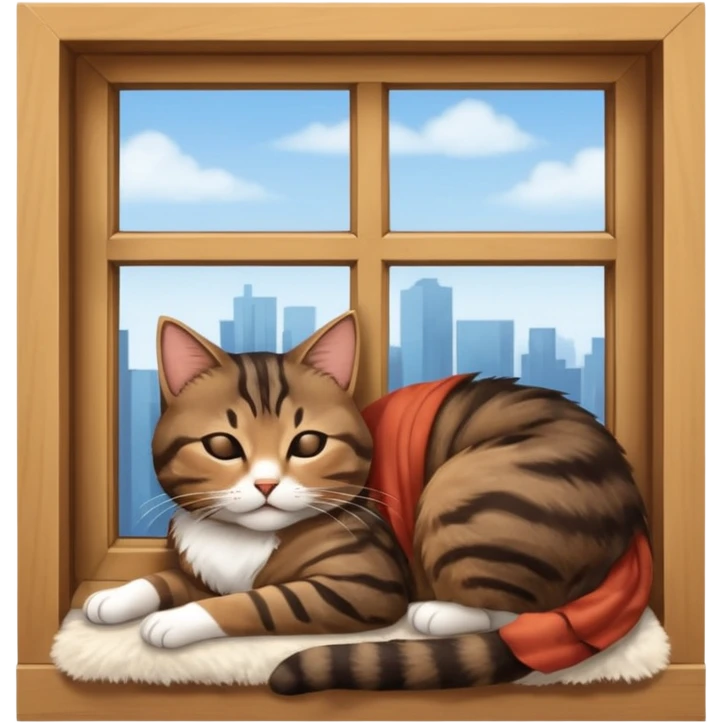 a young female brown and black tabby cat, sleeping in a window seal and she falls out of window to the floor. realistic, raw 9.16 emoji